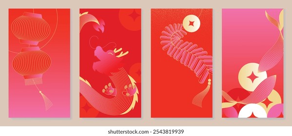 Vetor de fundo do cartão de saudação do Ano Novo Chinês 2025. Design de cartaz de luxo com koi peixe, dragão, lanterna, foguete, arte de linha. Ilustração oriental elegante para capa, envelope vermelho, calendário.