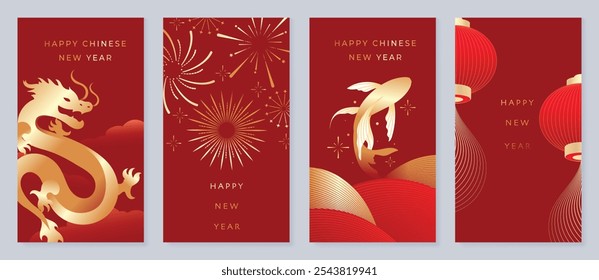 Chinesisches Neujahr 2025 Grußkartenhintergrund Vektor. Luxus-Poster-Design mit Koi Fisch, Welle, Laterne, Drachen, Feuerwerk, Linie Kunst. Elegante orientalische Illustration für Abdeckung, roter Umschlag, Kalender.