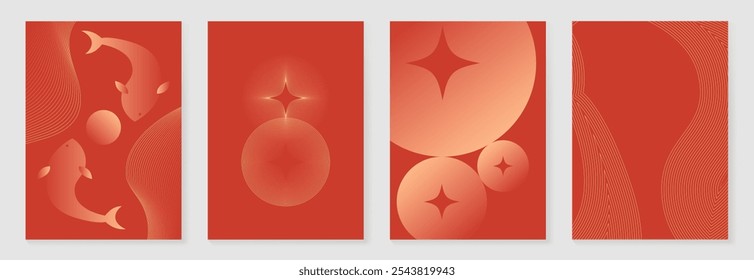 Vector de fondo chino de la tarjeta de felicitación del año Nuevo 2025. Diseño de póster de lujo con koi fish, moneda, onda, línea dorada arte. ilustración oriental elegante para la cubierta, sobre rojo, calendario.