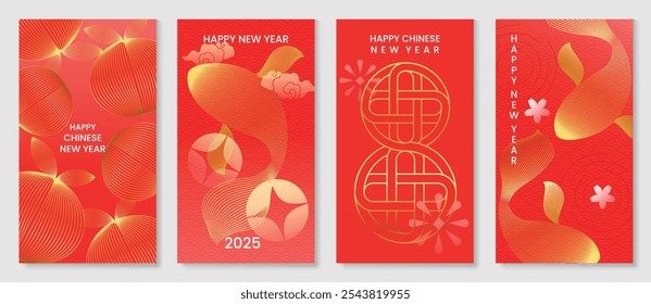 Vector de fondo chino de la tarjeta de felicitación del año Nuevo 2025. Diseño de póster de lujo con peces koi, naranja, nube, patrón, línea de arte. ilustración oriental elegante para la cubierta, sobre rojo, calendario.