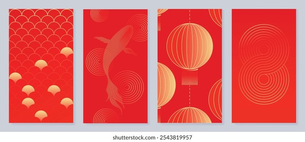 Vector de fondo chino de la tarjeta de felicitación del año Nuevo 2025. Diseño de cartel de lujo con koi peces, escalas, linterna, infinito, línea de arte. ilustración oriental elegante para la cubierta, sobre rojo, calendario.