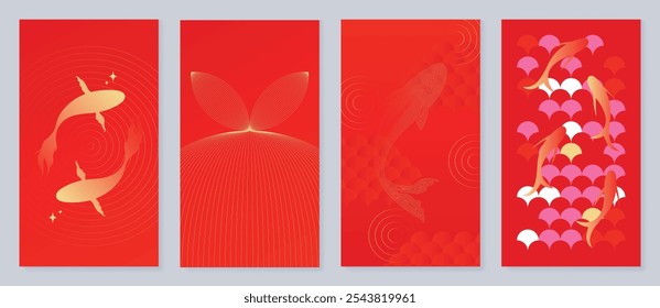 Vector de fondo chino de la tarjeta de felicitación del año Nuevo 2025. Diseño de cartel de lujo con koi peces, escamas, linterna, naranja, onda, línea de arte. ilustración oriental elegante para la cubierta, sobre rojo, calendario.