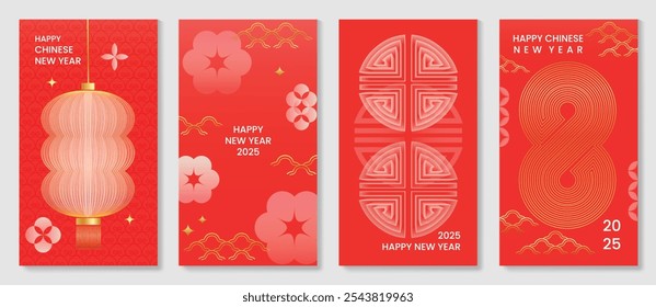 Vector de fondo chino de la tarjeta de felicitación del año Nuevo 2025. Diseño de póster de lujo con linterna, flor, nube, infinito, patrón, línea de arte. ilustración oriental elegante para la cubierta, sobre rojo, calendario.