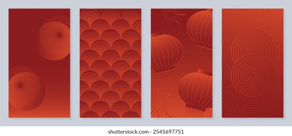 Vector de fondo chino de la tarjeta de felicitación del año Nuevo 2025. Año del diseño de la serpiente con linterna, fuegos artificiales, escalas, infinito. Ilustración oriental elegante para la cubierta, cartel, sobre rojo, calendario.