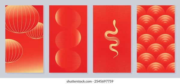 Chinese New Year 2025 greeting card background vector. Year of the Snake design with golden snake, lanterns, wave pattern. Elegant oriental illustration for cover, poster, red envelope, calendar.