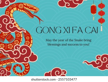 Chinese new year 2025 greeting card design.Year of the snake 2025 greeting card design template on teal background. New year celebration. Gong Xi Fa Cai, Lunar new year