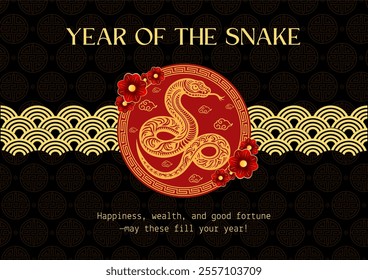 Chinese new year 2025 greeting card design.Year of the snake 2025 greeting card design template on black background. New year celebration. Gong Xi Fa Cai, Lunar new year