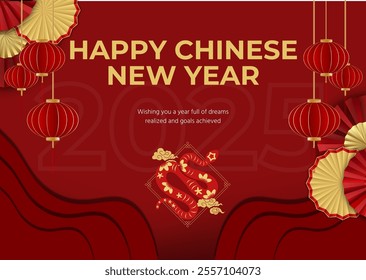 Chinese new year 2025 greeting card design.Year of the snake 2025 greeting card design template on red background. New year celebration. Gong Xi Fa Cai, Lunar new year