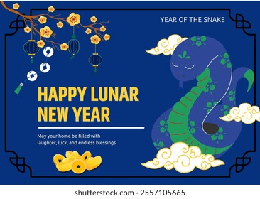 Chinese new year 2025 greeting card design.Year of the snake 2025 greeting card design template on blue background. New year celebration. Gong Xi Fa Cai, Lunar new year