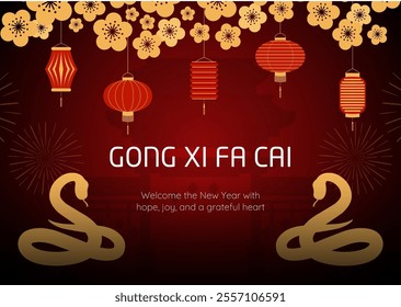 Chinese new year 2025 greeting card design.Year of the snake 2025 greeting card design template on red gold style. New year celebration. Gong Xi Fa Cai, Lunar new year