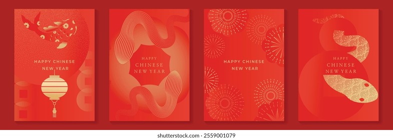 Chinese New Year 2025 greeting card background vector. Year of the Snake design with snake, lantern, fish, pattern, firework. Elegant oriental illustration for cover, poster, red envelope, calendar.