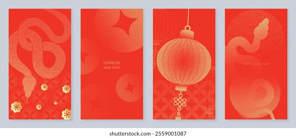 Chinese New Year 2025 greeting card background vector. Year of the Snake design with gold snake, lantern, pattern, dot texture. Elegant oriental illustration for cover, poster, red envelope, calendar.