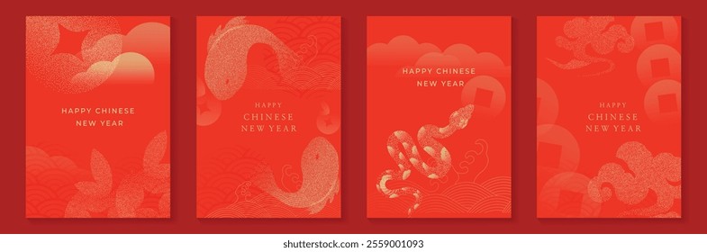 Chinese New Year 2025 greeting card background vector. Year of the Snake design with snake, lantern, fish, wave, dot texture. Elegant oriental illustration for cover, poster, red envelope, calendar.