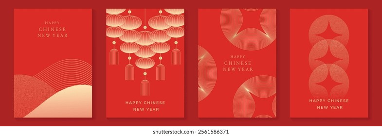 Chinese New Year 2025 greeting card background vector. Collection of Chinese festival with lantern, coin, line and dot texture. Elegant oriental illustration for cover, poster, envelope, calendar.