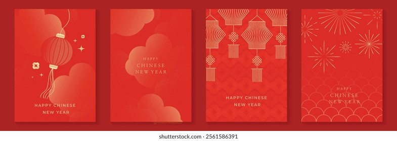 Chinese New Year 2025 greeting card background vector. Collection of Chinese festival with lantern, cloud, line and dot texture. Elegant oriental illustration for cover, poster, envelope, calendar.