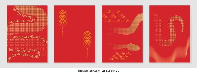 Chinese New Year 2025 greeting card background vector. Year of the Snake design with gold snake, lantern, line and dot texture. Elegant oriental illustration for cover, poster, red envelope, calendar.