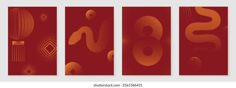 Chinese New Year 2025 greeting card background vector. Year of the Snake design with gold snake, lantern, line and dot texture. Elegant oriental illustration for cover, poster, red envelope, calendar.