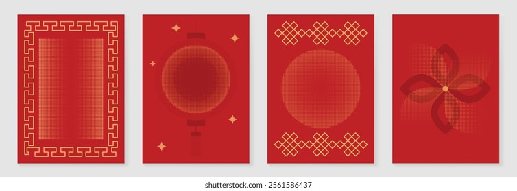 Chinese New Year 2025 greeting card background vector. Collection of Chinese festival with lantern, flower, line and dot texture. Elegant oriental illustration for cover, poster, envelope, calendar.