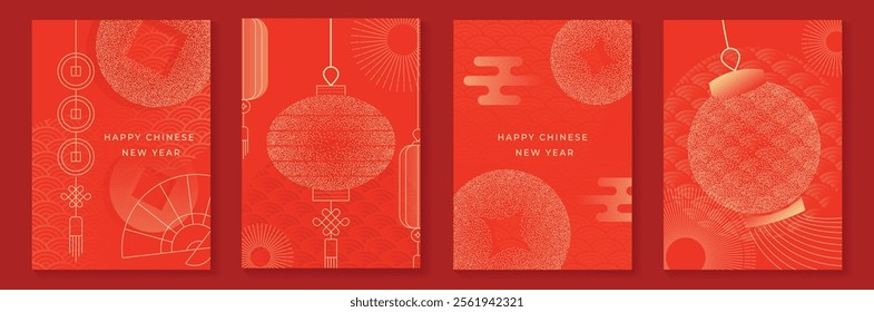 Chinese New Year 2025 greeting card background vector. Collection of Chinese festival with lantern, cloud, line and dot texture. Elegant oriental illustration for cover, poster, envelope, calendar.