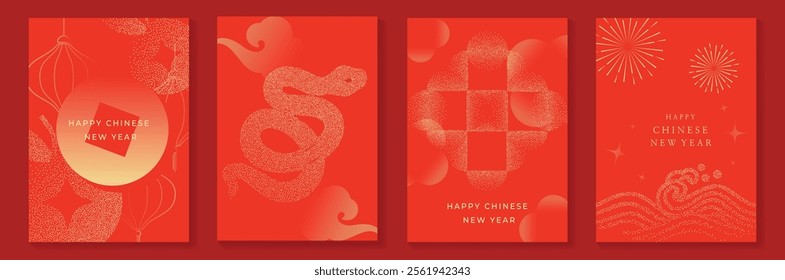 Chinese New Year 2025 greeting card background vector. Collection of Chinese festival with snake, lantern, line and dot texture. Elegant oriental illustration for cover, poster, envelope, calendar.