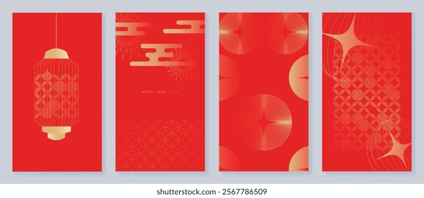 Chinese New Year 2025 greeting card background vector. Collection of Chinese festival with lantern, firework, coin, pattern. Elegant oriental illustration for cover, poster, envelope, calendar.