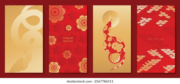 Chinese New Year 2025 greeting card background vector. Collection of Chinese festival with snake, flower, wave, pattern. Elegant oriental illustration for cover, poster, envelope, calendar.