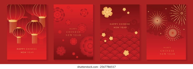 Chinese New Year 2025 greeting card background vector. Collection of Chinese festival with lantern, flower, firework, pattern. Elegant oriental illustration for cover, poster, envelope, calendar.