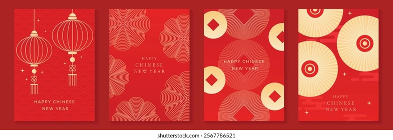 Chinese New Year 2025 greeting card background vector. Collection of Chinese festival with lantern, flower, coin, fan, pattern. Elegant oriental illustration for cover, poster, envelope, calendar.