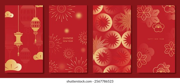 Chinese New Year 2025 greeting card background vector. Collection of Chinese festival with lantern, firework, flower, pattern. Elegant oriental illustration for cover, poster, envelope, calendar.