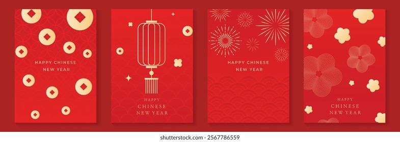 Chinese New Year 2025 greeting card background vector. Collection of Chinese festival with lantern, flower, coin,firework, pattern. Elegant oriental illustration for cover, poster, envelope, calendar.