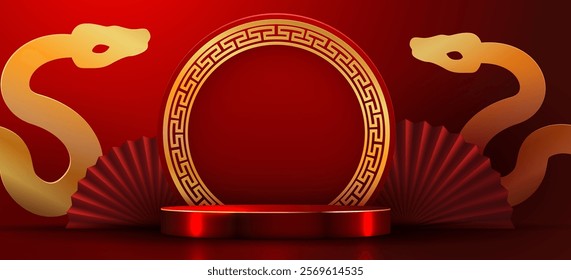 Chinese New Year 2025 greeting card, banner with golden and podium. Chinese traditional gate and hand fans background. Happy Chinese New Year. Vector illustration