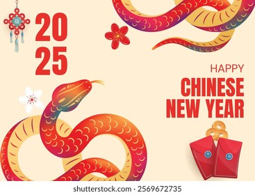 Chinese New Year 2025 greeting card with a bold snake illustration, red envelopes, floral accents, and festive ornaments on a beige background