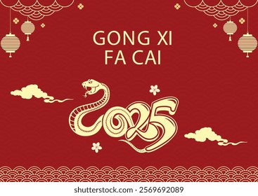 Chinese New Year 2025 greeting card featuring a gold snake motif forming '2025', lanterns, clouds, and floral accents on a red patterned background with 'Gong Xi Fa Cai' text.
