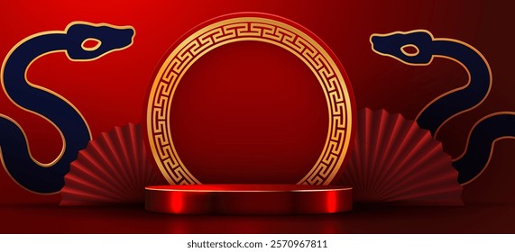 Chinese New Year 2025 greeting card, banner with golden and podium. Chinese traditional gate and hand fans background. Happy Chinese New Year. Vector illustration