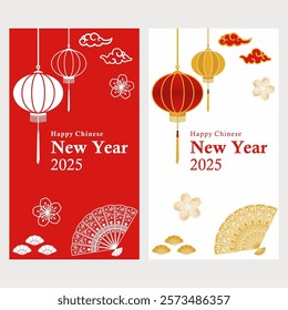 Chinese New Year 2025 Greeting Card Design with Traditional Red and Gold Theme

Elegant Chinese New Year 2025 greeting card design featuring two style variations. The first card showcases a vibrant re