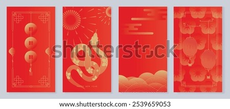 Chinese New Year 2025 greeting card background vector. Year of the Snake design with golden snake, lanterns, firecrackers, cloud. Elegant oriental illustration for cover, poster, website, calendar.