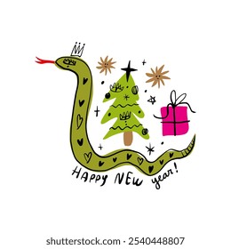 Chinese new year 2025 holiday postcard, year of the Snake. Snake illustration cartoon boho childish drawing. Vector designs with snakes. Lunar new year kids concept, lettering modern vector design