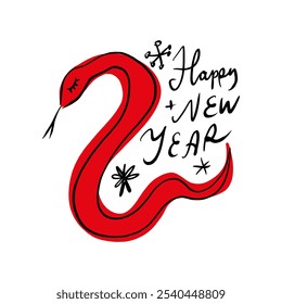 Chinese new year 2025 holiday postcard, year of the Red Snake. Snake illustration cartoon boho childish drawing. Vector designs with snakes. Lunar new year kids concept, lettering modern vector design