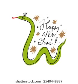 Chinese new year 2025 holiday postcard, year of the Snake. Snake illustration cartoon boho childish drawing. Vector designs with snakes. Lunar new year kids concept, lettering modern vector design