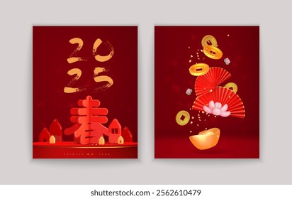 Chinese New Year 2025 holiday cards. Asian spring festival 3d art background. Golden money, ingot, fan fly red backdrop. Red podium with abstract houses, abstract houses, chinese 3d hieroglyph spring