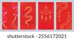 Chinese New Year 2025 hongbao red envelope design vector. Collection of Chinese festival with snake, lantern, pattern. Elegant oriental illustration for angpao, cover, website, calendar, ads.