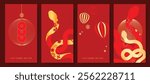 Chinese New Year 2025 hongbao red envelope design vector. Collection of Chinese festival with lantern, yuan bao, coin. Elegant oriental illustration for ang pao, cover, website, calendar, ads.