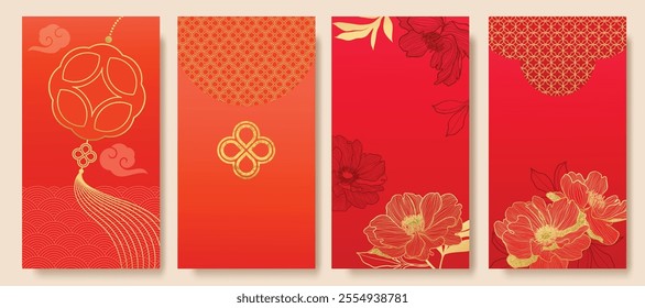 Chinese New Year 2025 hongbao red envelope design vector. Collection of Chinese festival with peony flower, lantern, pattern. Elegant oriental illustration for ang pao, cover, website, calendar, ads.