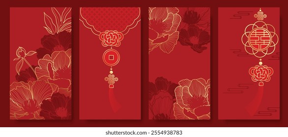 Chinese New Year 2025 hongbao red envelope design vector. Collection of Chinese festival with peony flower, lantern, pattern. Elegant oriental illustration for ang pao, cover, website, calendar, ads.