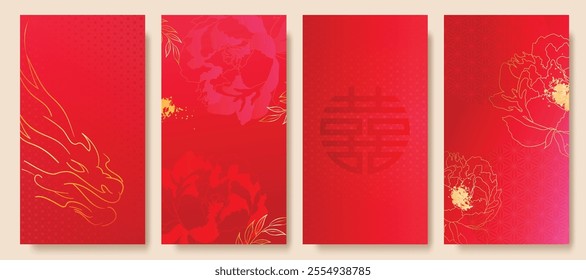 Chinese New Year 2025 hongbao red envelope design vector. Collection of Chinese festival with peony flower, dragon, pattern. Elegant oriental illustration for ang pao, cover, website, calendar, ads.