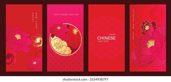 Chinese New Year 2025 hongbao red envelope design vector. Collection of Chinese festival with peony flower, pattern. Elegant oriental illustration for ang pao, cover, website, calendar, ads.