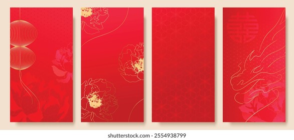 Chinese New Year 2025 hongbao red envelope design vector. Collection of Chinese festival with peony flower, dragon, lantern, pattern. Elegant oriental illustration for ang pao, cover, calendar, ads.