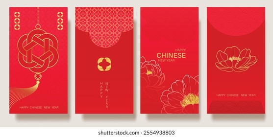 Chinese New Year 2025 hongbao red envelope design vector. Collection of Chinese festival with peony flower, lantern, pattern. Elegant oriental illustration for ang pao, cover, website, calendar, ads.