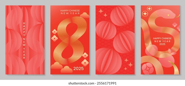 Chinese New Year 2025 hongbao red envelope design vector. Collection of Chinese festival with snake, flower, lantern, pattern. Elegant oriental illustration for angpao, cover, website, calendar, ads.