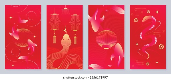 Chinese New Year 2025 hongbao red envelope design vector. Collection of Chinese festival with snake, fish, lantern, pattern. Elegant oriental illustration for angpao, cover, website, calendar, ads.